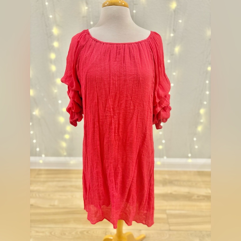 Boho Peasant Dress Pink Crinkle Gauze Ruffle Sleeve Midi Cover-Up